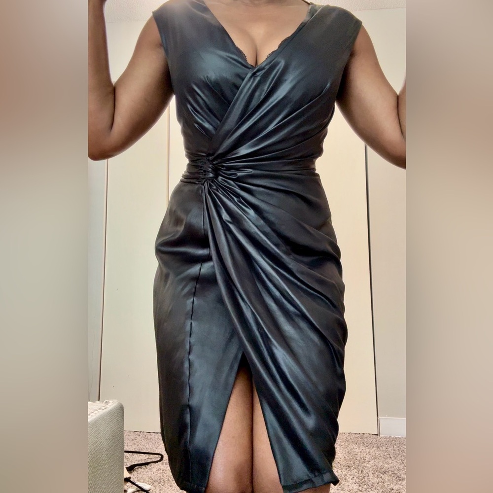 French Connection Black Satin Dress Size 4 Draped V Neck Gathered Knee length